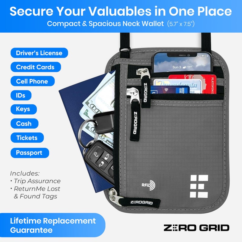 Zero Grid Neck Wallet for Travel & Passport Holder with RFID Blocking - Slim & Easy to Conceal Nylon Travel Pouch for men & women - Holds Phone, Cash, Cards, Keys - Sweat & Water Resistant - Large - Light Grey  - Image 2