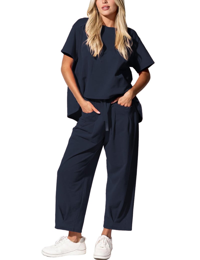 IQSQSQ Womenâ€™s Lounge Set 2 Piece Short Sleeve Top Barrel Wide Leg Pants Comfy Matching Travel Outfit(Navy-M) - Image 1