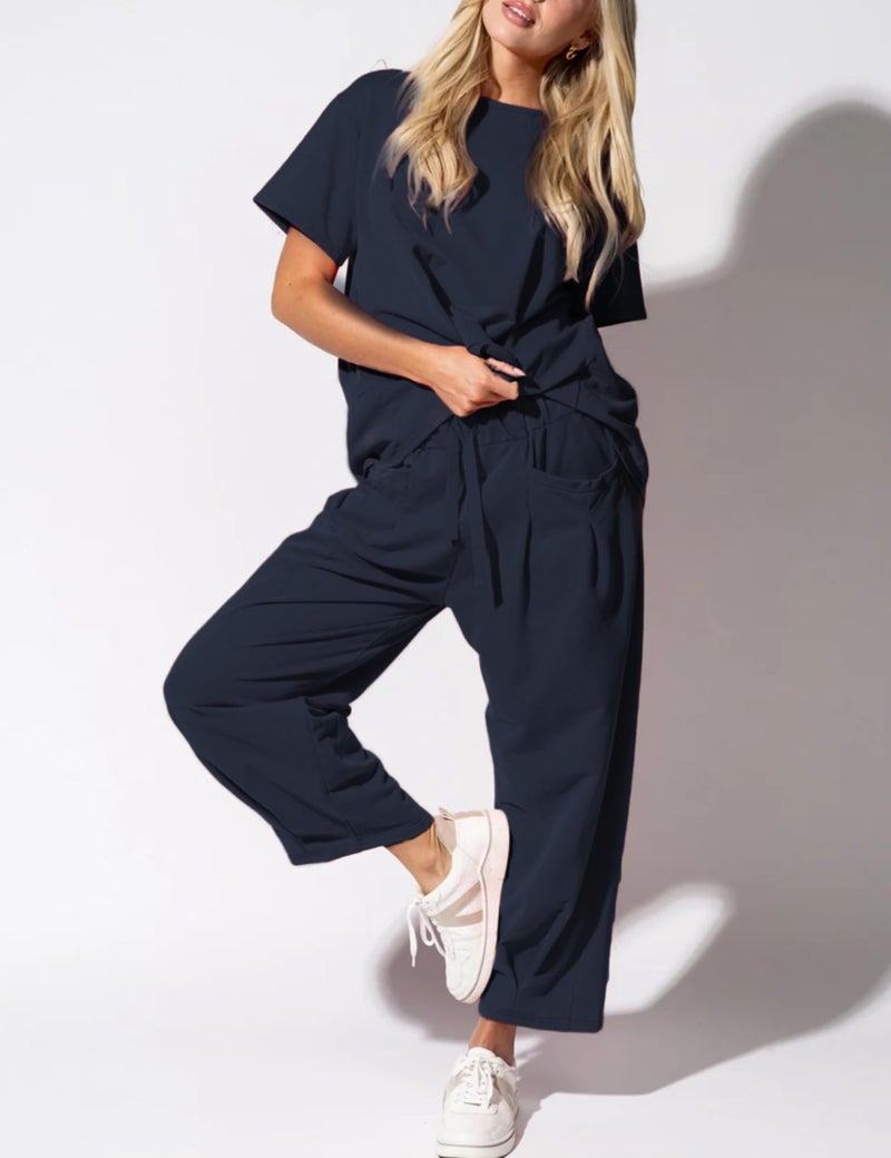 IQSQSQ Womenâ€™s Lounge Set 2 Piece Short Sleeve Top Barrel Wide Leg Pants Comfy Matching Travel Outfit(Navy-M) - Image 3