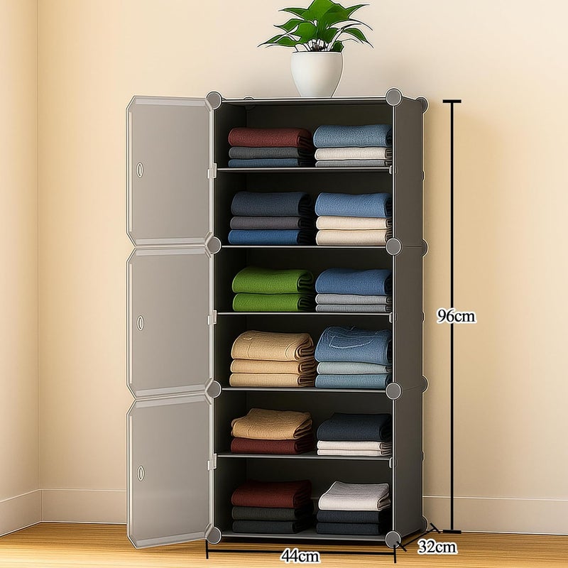 Hiware Portable Collapsible Wardrobe for Clothes Storage 𝟔 𝐒𝐡𝐞𝐥𝐟 & 𝟑 𝐃𝐨𝐨𝐫𝐬 – Cloth Organizer Cupboard/Multipurpose Storage/Closet for Bedroom/Living Room/Laundry Room (Gray) - Image 2