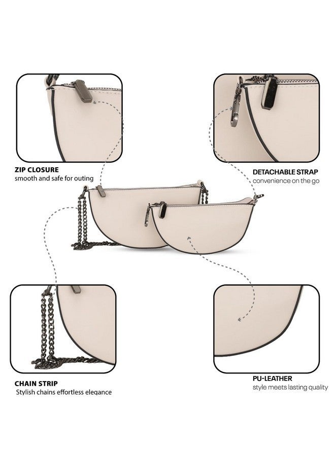 SIBY PU Leather Women Crossbody Bag with Metal Double Chain | Retro Semicircle Saddlebag | Versatile Mini Shoulder Bag- Beige (2 Pcs) - Image 4