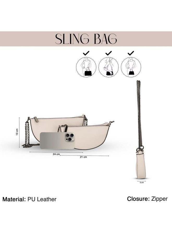 SIBY PU Leather Women Crossbody Bag with Metal Double Chain | Retro Semicircle Saddlebag | Versatile Mini Shoulder Bag- Beige (2 Pcs) - Image 2