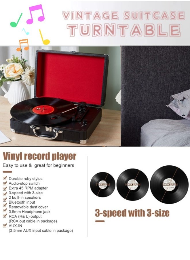 Generic - Vintage 3-Speed Bluetooth Portable Suitcase Record Player with Built-in Speakers Turntable Audio Sound Turntable With Speakers Vintage Phonograph Record Player Stereo Sound Phonograph - Image 1