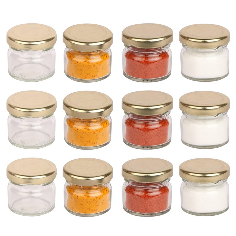 Pure Source India Round Mini Glass Jar Containers, Food Grade and BPA Free With Airtight Metal Gold Color Cap - 20 Gram, Pack of 18 Pieces, Clear - Image 5