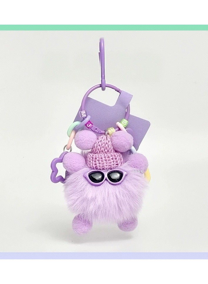 Purple Plush Monster Keychain, Cute Fuzzy Bag Charm, Fashionable Keyring with Glasses and Knitted Hat, Ideal for Handbags, Backpacks, Water Bottles and Car Keys, Made from Soft Plush Material