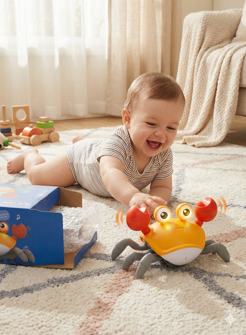 لعبة سلطعون زاحف للأطفال مع موسيقى وأضواء LED - حيوان أليف كهربائي يتجنب العوائق | لعبة حسية تفاعلية لوقت الاستلقاء على البطن للأطفال الرضع من 3 إلى 12 شهرًا | سلطعون إلكتروني متحرك للأطفال الصغار الذين يتعلمون الزحف | برتقالي - Image 4