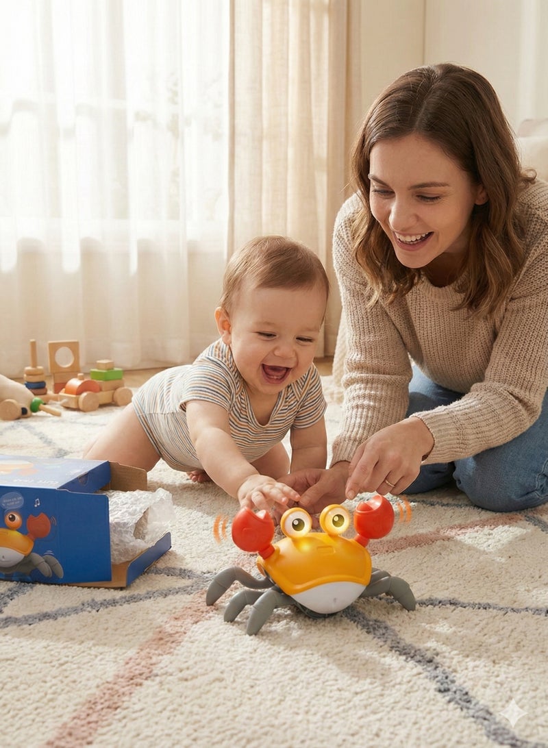 لعبة سلطعون زاحف للأطفال مع موسيقى وأضواء LED - حيوان أليف كهربائي يتجنب العوائق | لعبة حسية تفاعلية لوقت الاستلقاء على البطن للأطفال الرضع من 3 إلى 12 شهرًا | سلطعون إلكتروني متحرك للأطفال الصغار الذين يتعلمون الزحف | برتقالي - Image 5