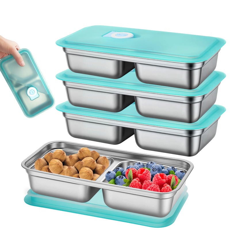 MJDYTYT 3 Pack Leakproof Stainless Steel Snack Containers with Secure Sealed Lids, Reusable 2 Compartment Bento Boxes for Lunch Prep, Travel, School & Office Stainless Steel Lunch Box - Image 1