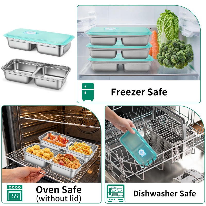 MJDYTYT 3 Pack Leakproof Stainless Steel Snack Containers with Secure Sealed Lids, Reusable 2 Compartment Bento Boxes for Lunch Prep, Travel, School & Office Stainless Steel Lunch Box - Image 4