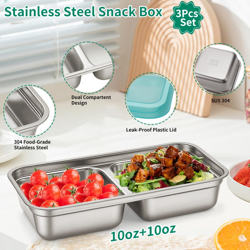 MJDYTYT 3 Pack Leakproof Stainless Steel Snack Containers with Secure Sealed Lids, Reusable 2 Compartment Bento Boxes for Lunch Prep, Travel, School & Office Stainless Steel Lunch Box - Image 2