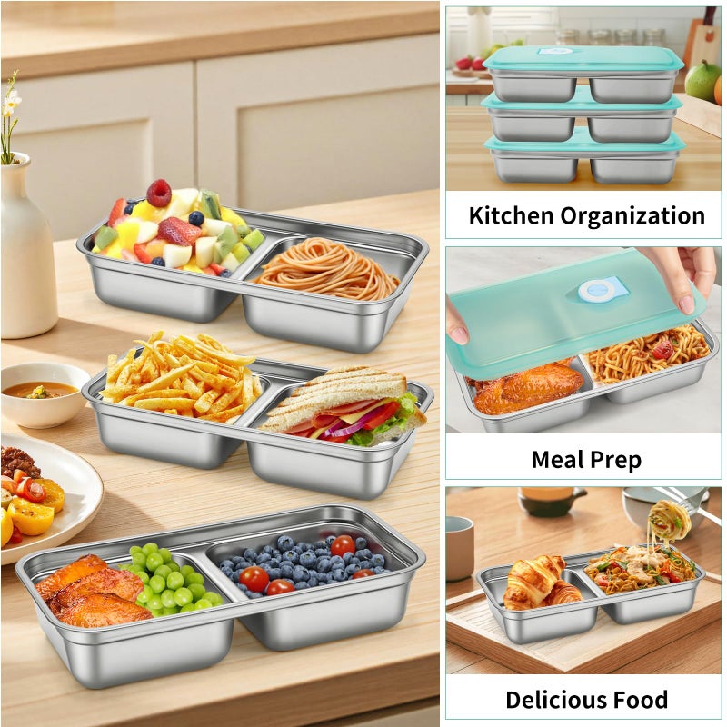MJDYTYT 3 Pack Leakproof Stainless Steel Snack Containers with Secure Sealed Lids, Reusable 2 Compartment Bento Boxes for Lunch Prep, Travel, School & Office Stainless Steel Lunch Box - Image 5