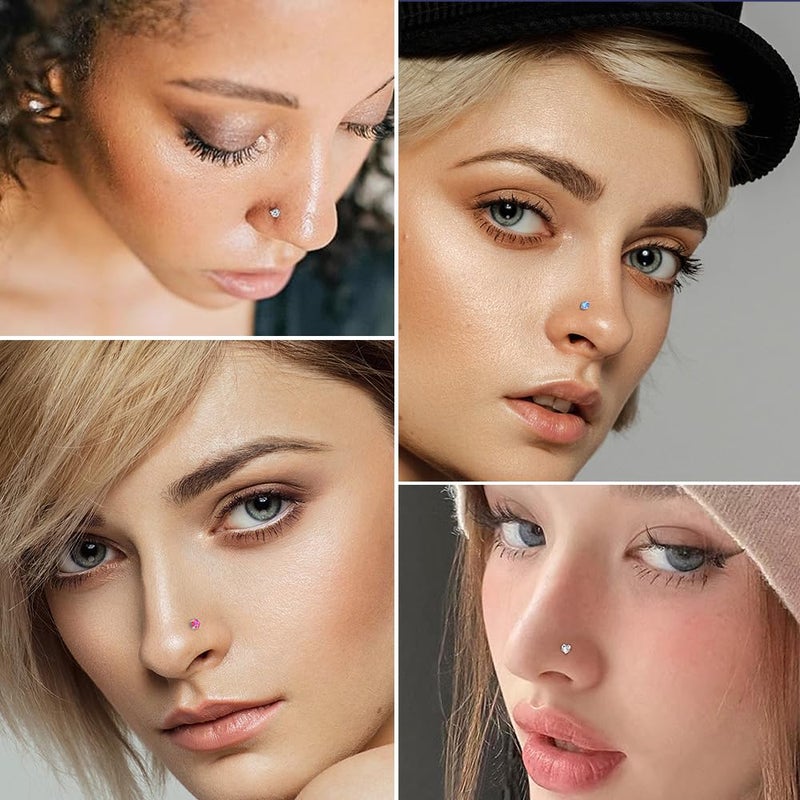 SEEDRILL 16 Pcs Hypoallergenic 18G Nose Rings Studs 316L Surgical Stainless Steel Nose Rings for Women 3mm CZ&Opal Labret Lip Nose Piercings Jewelry 18 Gauge Nose Screw Studs - Image 4