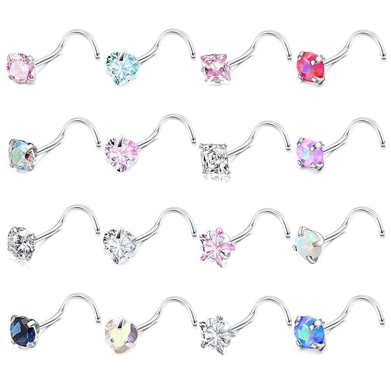 SEEDRILL 16 Pcs Hypoallergenic 18G Nose Rings Studs 316L Surgical Stainless Steel Nose Rings for Women 3mm CZ&Opal Labret Lip Nose Piercings Jewelry 18 Gauge Nose Screw Studs - Image 1