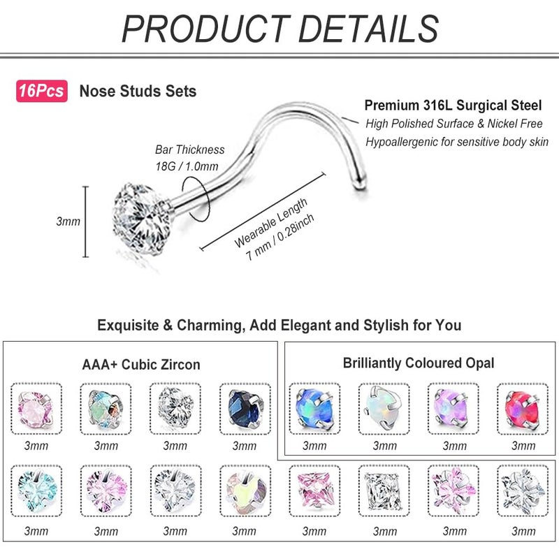 SEEDRILL 16 Pcs Hypoallergenic 18G Nose Rings Studs 316L Surgical Stainless Steel Nose Rings for Women 3mm CZ&Opal Labret Lip Nose Piercings Jewelry 18 Gauge Nose Screw Studs - Image 2