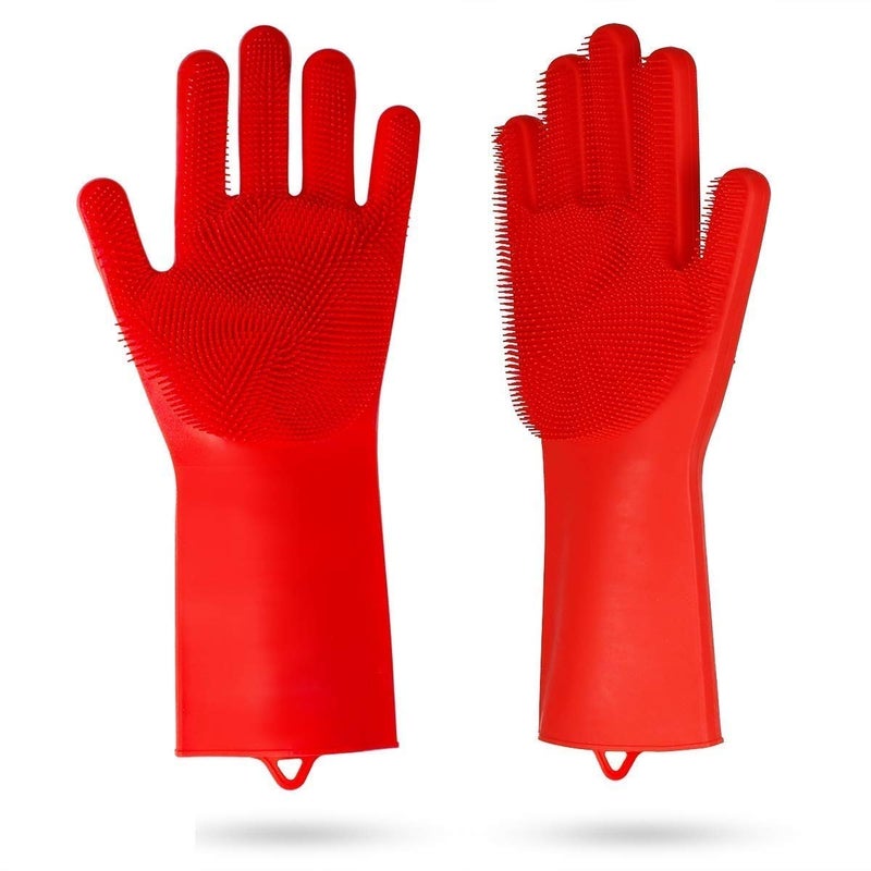 Koniry Silicone Kitchen Magic Gloves for Dishwashing Rubber Dish Washing with Brush Cleaning Scrubber Red