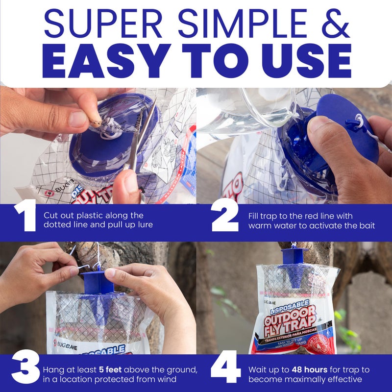 BugBane Fly Traps Outdoor Fly Trap for Patio. 4 Large Non-Toxic Pre-Baited Flies Bags Outdoor Disposable. Big Hanging Bug Catchers for All Filth Flies Killer for Outside Bug Control in Yard Horse Ranch - Image 3