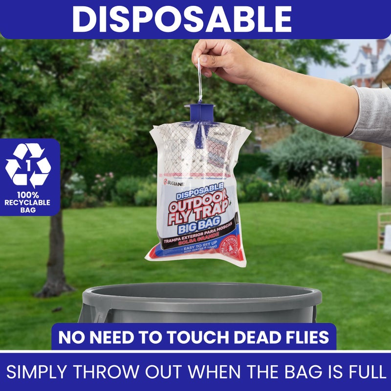 BugBane Fly Traps Outdoor Fly Trap for Patio. 4 Large Non-Toxic Pre-Baited Flies Bags Outdoor Disposable. Big Hanging Bug Catchers for All Filth Flies Killer for Outside Bug Control in Yard Horse Ranch - Image 5