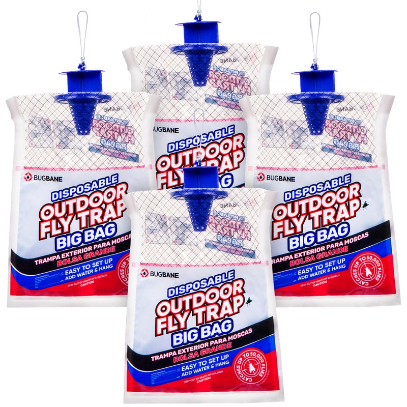 BugBane Fly Traps Outdoor Fly Trap for Patio. 4 Large Non-Toxic Pre-Baited Flies Bags Outdoor Disposable. Big Hanging Bug Catchers for All Filth Flies Killer for Outside Bug Control in Yard Horse Ranch - Image 1