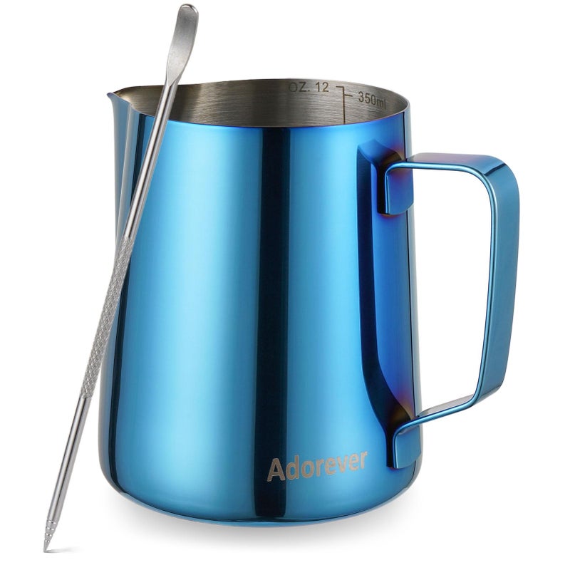 Adorever Milk Frothing Pitcher 350ml 12oz Steaming Pitchers Stainless Steel Milk Coffee Cappuccino Latte Art Barista Steam Pitchers Milk Jug Cup with Decorating Art Pen Blue 