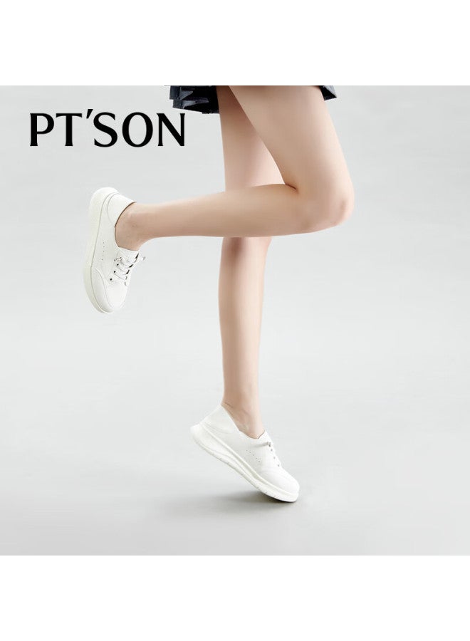 PT'SON Baitiansen Genuine Leather Thick-soled White Sneakers For Women Slip-on Cowhide Lightweight Versatile Casual Skateboard Shoes, Beige, Size 38 - Image 2