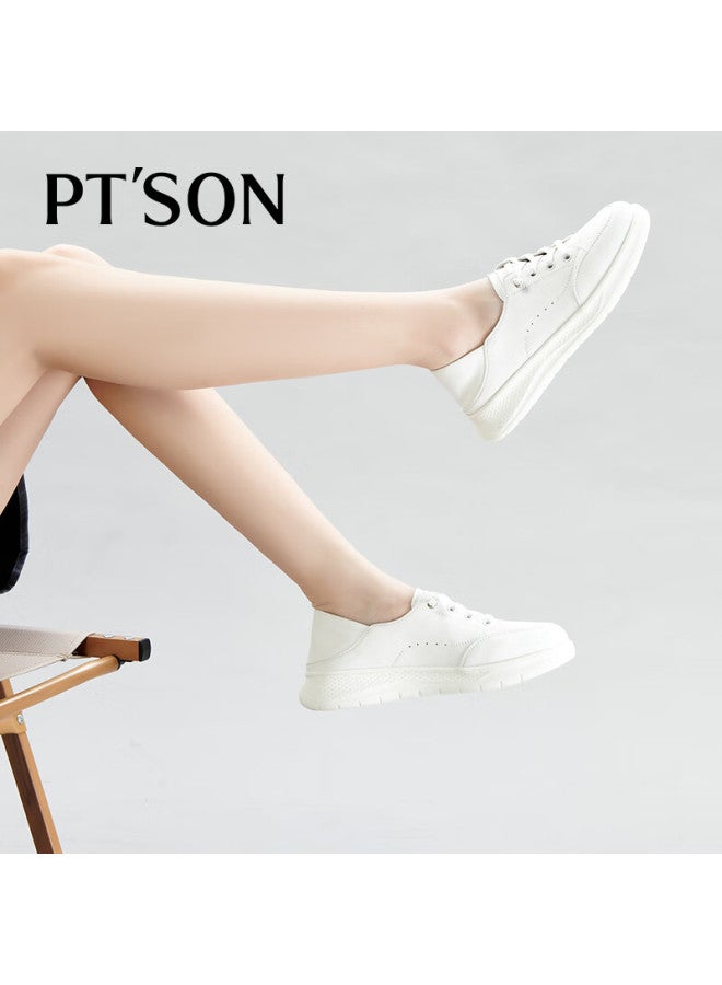 PT'SON Baitiansen Genuine Leather Thick-soled White Sneakers For Women Slip-on Cowhide Lightweight Versatile Casual Skateboard Shoes, Beige, Size 38 - Image 5