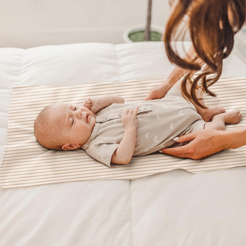 Konssy Faux Leather Baby Changing Mat  Waterproof  Wipeable & Portable Diaper Changing Pad For Travel Or Home  Fits Perfectly In Diaper Bag  30 X 17 Inches (Beige Stripes) - Image 3