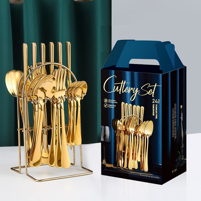 24-Piece Stainless Steel Western Dinnerware Set with Gold-Finish Storage Rack - Perfect Gift for Adults