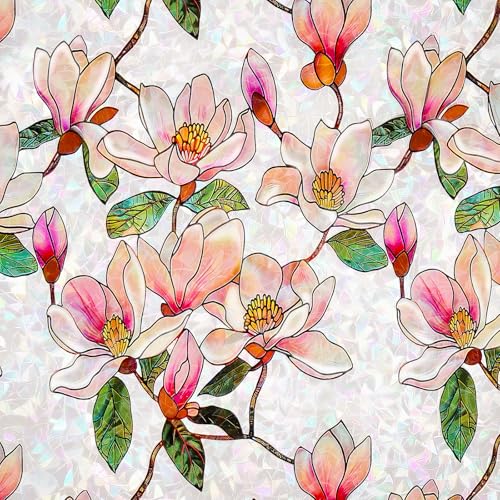 FEOMOS Stained Glass Window Film, Decorative Floral Window Privacy Film with Sun & UV Heat Blocking, Rainbow Window Covering Magnolia Sticker for Home 17.7 x 78.7 inches - Image 1