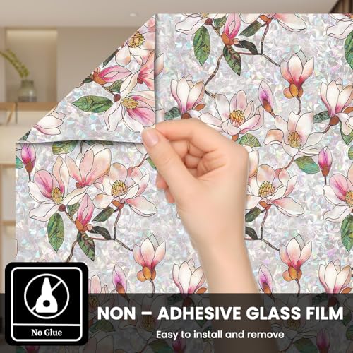 FEOMOS Stained Glass Window Film, Decorative Floral Window Privacy Film with Sun & UV Heat Blocking, Rainbow Window Covering Magnolia Sticker for Home 17.7 x 78.7 inches - Image 5