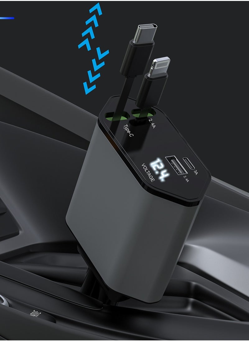 STILL - Retractable Car Charger with Dual USB & Type-C Outputs, 4-in-1 Fast Charging Cable, 120W PD, 2.4A, Blue Soft Light Indicator, Adjustable 180° Rotation - Image 1