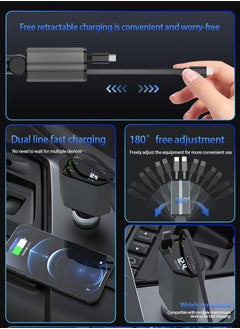 STILL Retractable Car Charger with Dual USB & Type-C Outputs, 4-in-1 Fast Charging Cable, 120W PD, 2.4A, Blue Soft Light Indicator, Adjustable 180° Rotation,For iphone12/13/14/15/16 ,Androiod /Huawei / Samsung / Oppo  - Image 3