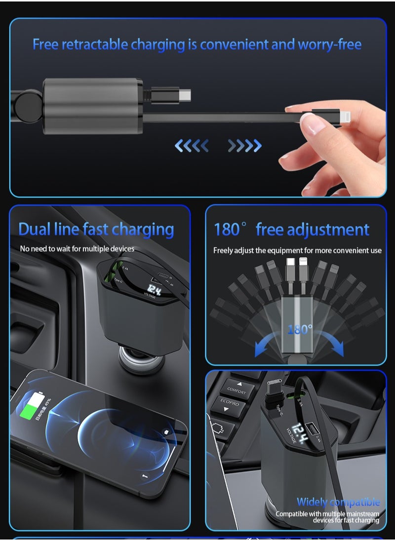 STILL - Retractable Car Charger with Dual USB & Type-C Outputs, 4-in-1 Fast Charging Cable, 120W PD, 2.4A, Blue Soft Light Indicator, Adjustable 180° Rotation - Image 1