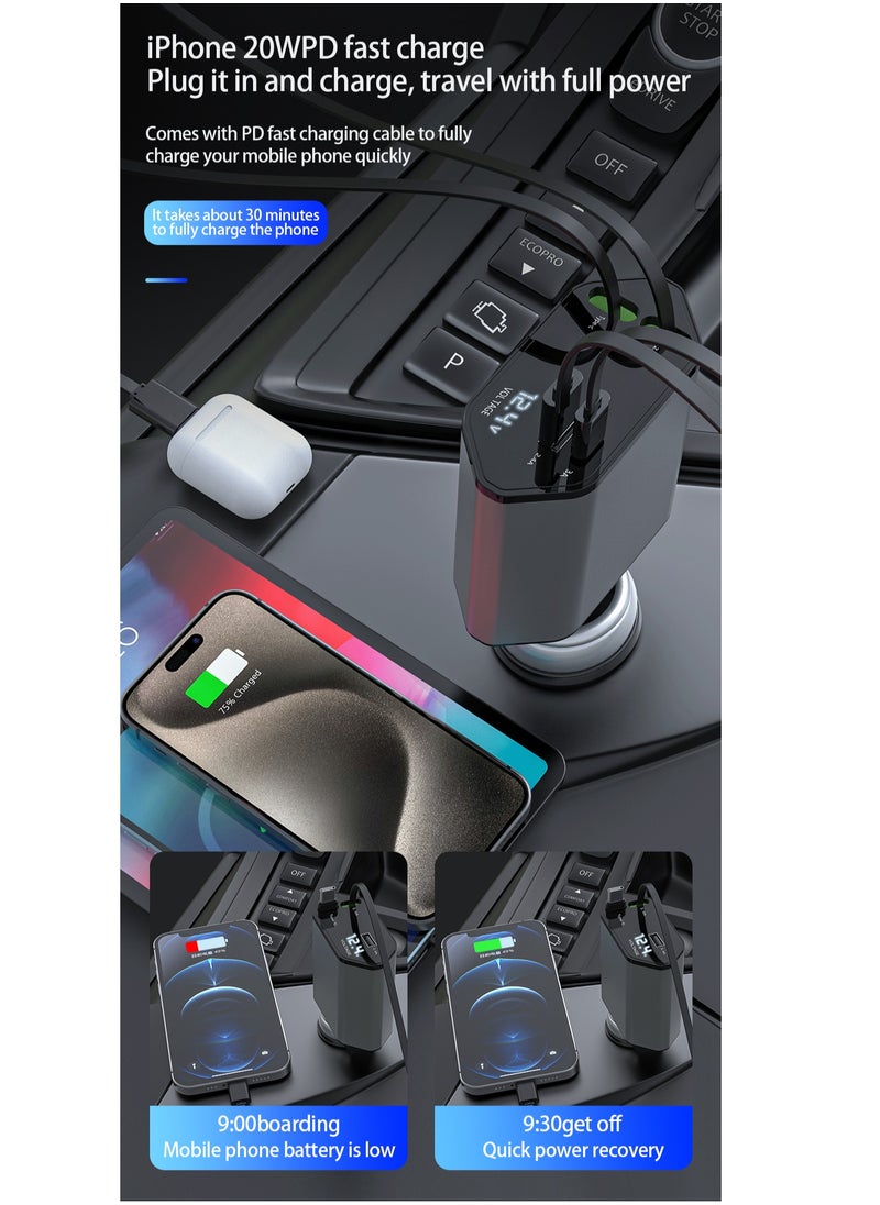 STILL - Retractable Car Charger with Dual USB & Type-C Outputs, 4-in-1 Fast Charging Cable, 120W PD, 2.4A, Blue Soft Light Indicator, Adjustable 180° Rotation - Image 1