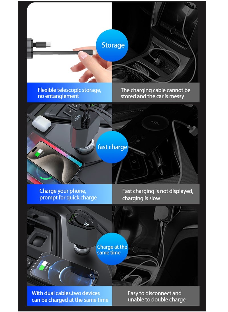 STILL - Retractable Car Charger with Dual USB & Type-C Outputs, 4-in-1 Fast Charging Cable, 120W PD, 2.4A, Blue Soft Light Indicator, Adjustable 180° Rotation - Image 1