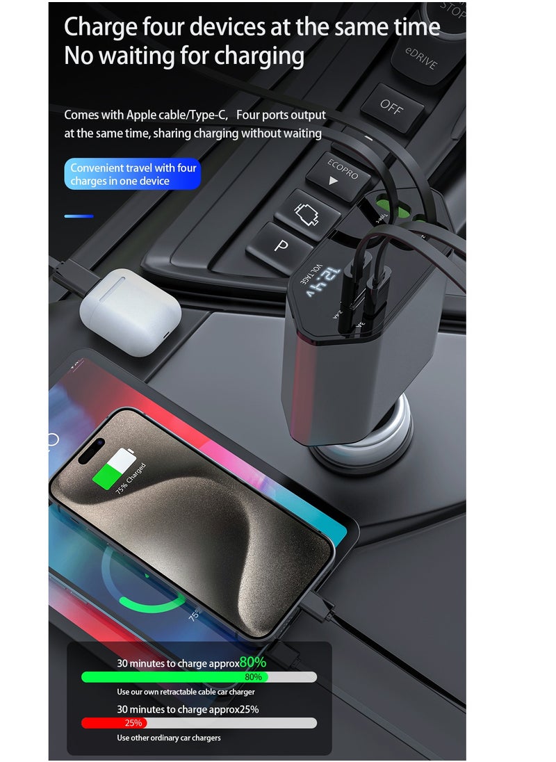 STILL - Retractable Car Charger with Dual USB & Type-C Outputs, 4-in-1 Fast Charging Cable, 120W PD, 2.4A, Blue Soft Light Indicator, Adjustable 180° Rotation - Image 1