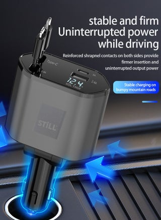 Retractable Car Charger with Dual USB & Type-C Outputs, 4-in-1 Fast Charging Cable, 120W PD, 2.4A, Blue Soft Light Indicator, Adjustable 180° Rotation,For iphone12/13/14/15/16 ,Androiod /Huawei / Samsung / Oppo