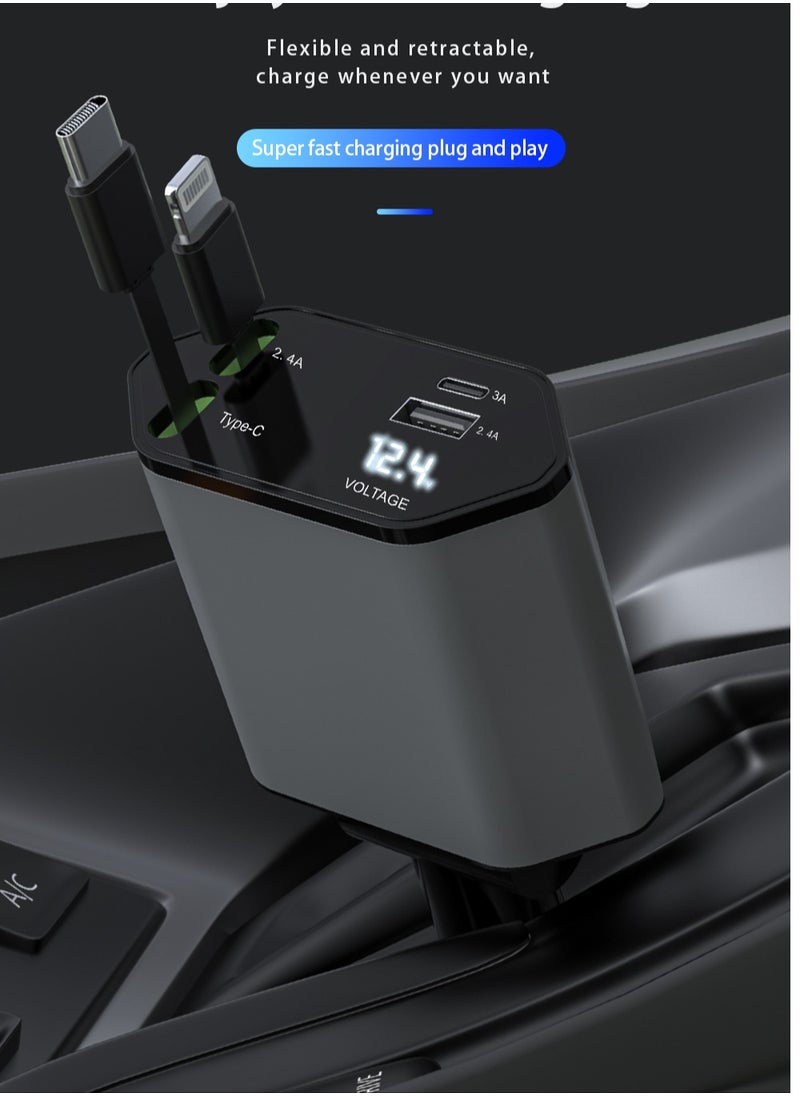 STILL - Retractable Car Charger with Dual USB & Type-C Outputs, 4-in-1 Fast Charging Cable, 120W PD, 2.4A, Blue Soft Light Indicator, Adjustable 180° Rotation - Image 1