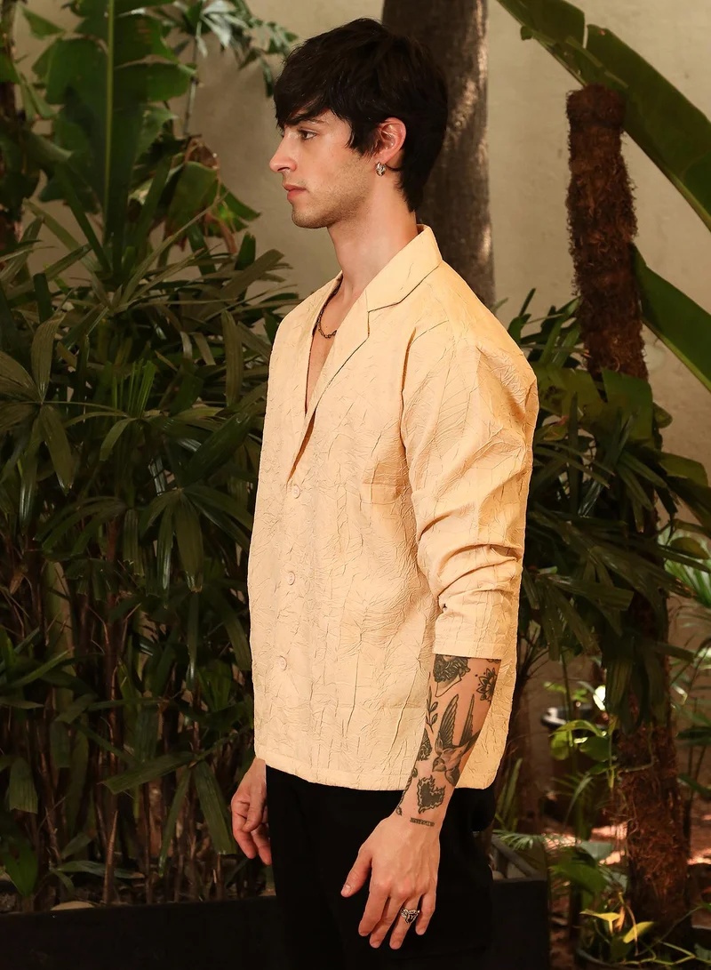 كامبوس سوترا Men's Buff Beige Wrinked Korean Oversized Shirt For Casual Wear | Lapel Collar | Long Sleeve | Button Closure | Oversized Shirt Crafted With Comfort Fit For Everyday Wear