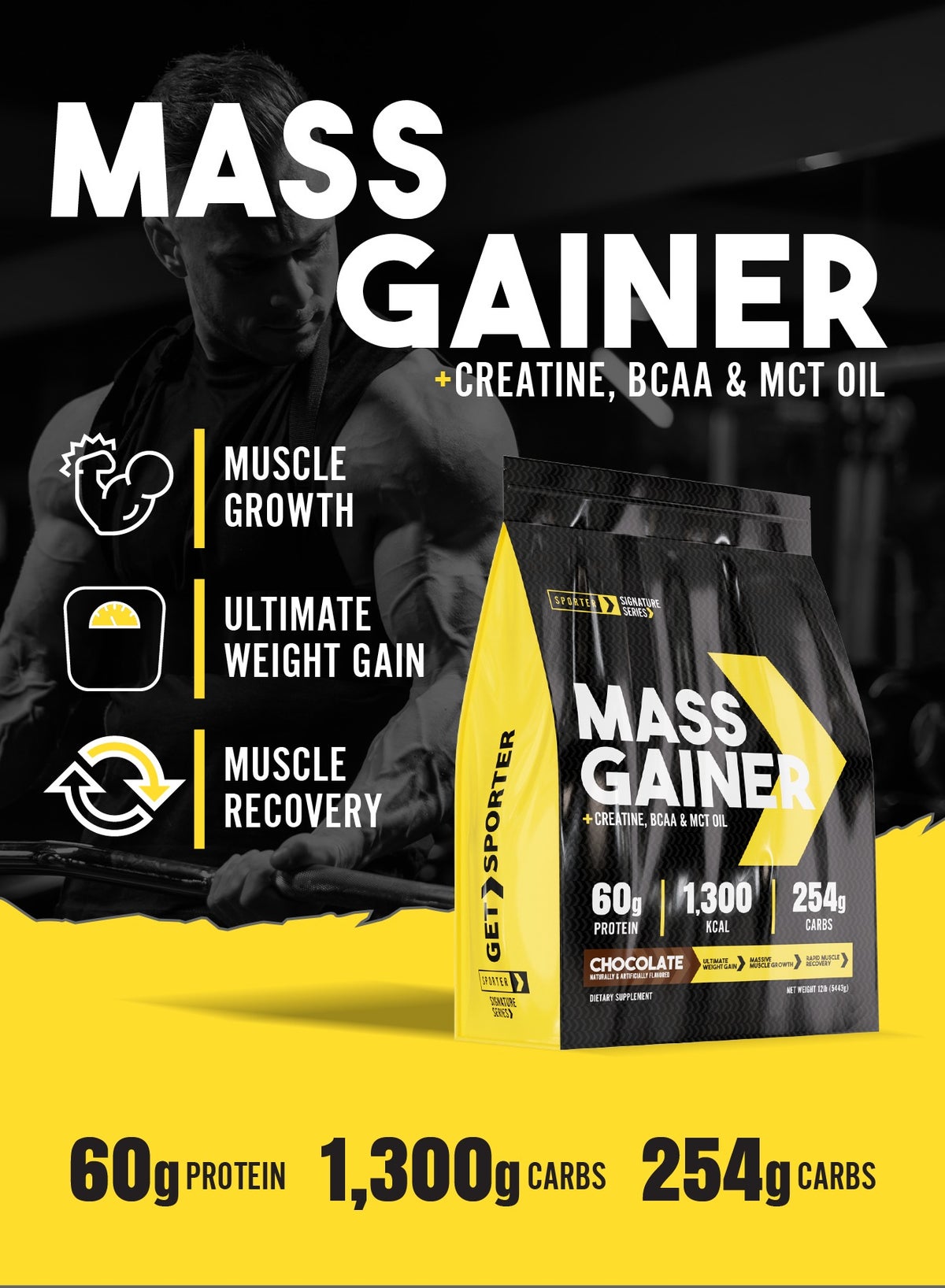 Sporter Mass Gainer – 12Lb | 60G Protein Per Serving | High-Calorie Muscle Builder | Creatine, Bcaa & Mct Oil | Chocolate Flavor | Weight Gain & Recovery Formula