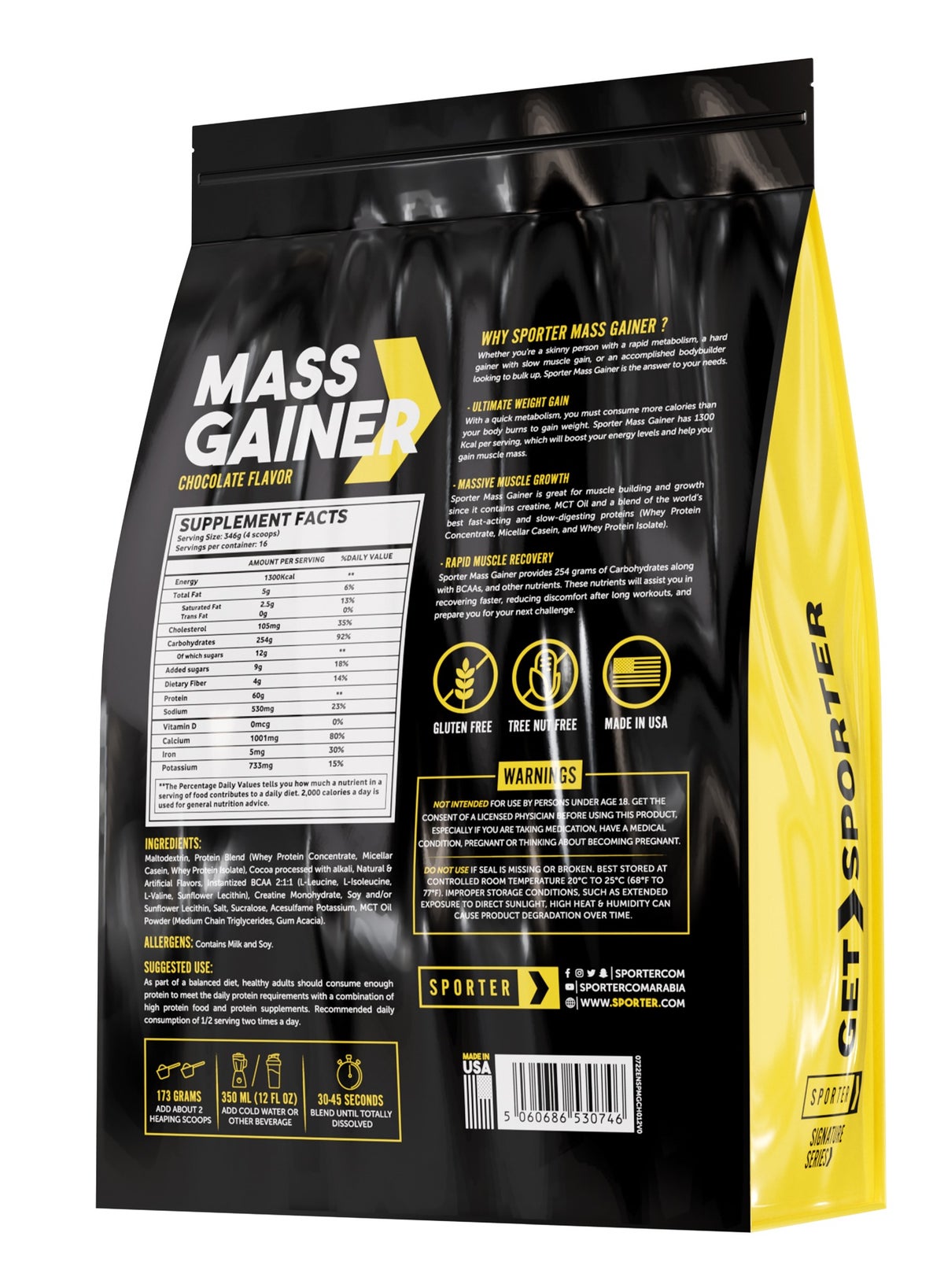Sporter Mass Gainer – 12Lb | 60G Protein Per Serving | High-Calorie Muscle Builder | Creatine, Bcaa & Mct Oil | Chocolate Flavor | Weight Gain & Recovery Formula