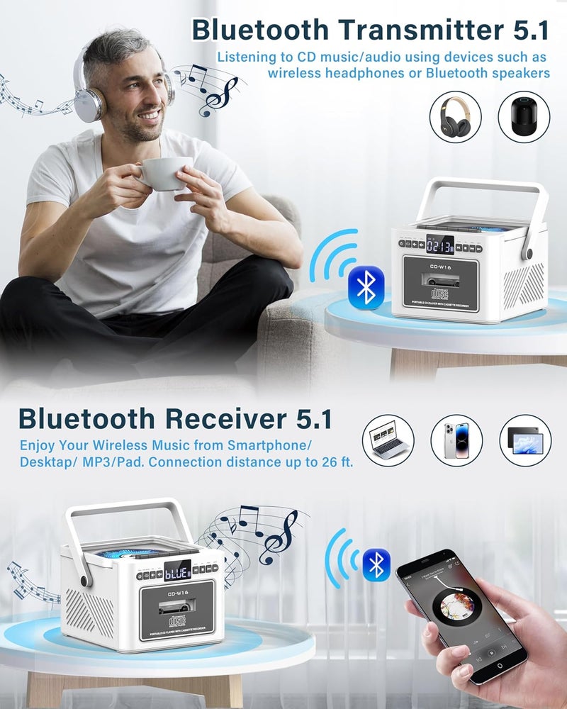 Sunoony Boombox Cassette CD Player Bluetooth5.1 with 5000mAh Battery,5W Dual Stereo Speakers,Rechargeable CD Player with FM Radio,Remote Control,Tape Recording,3.5mm Earphone Jack,AUX/Micro SD/USB-White - Image 3
