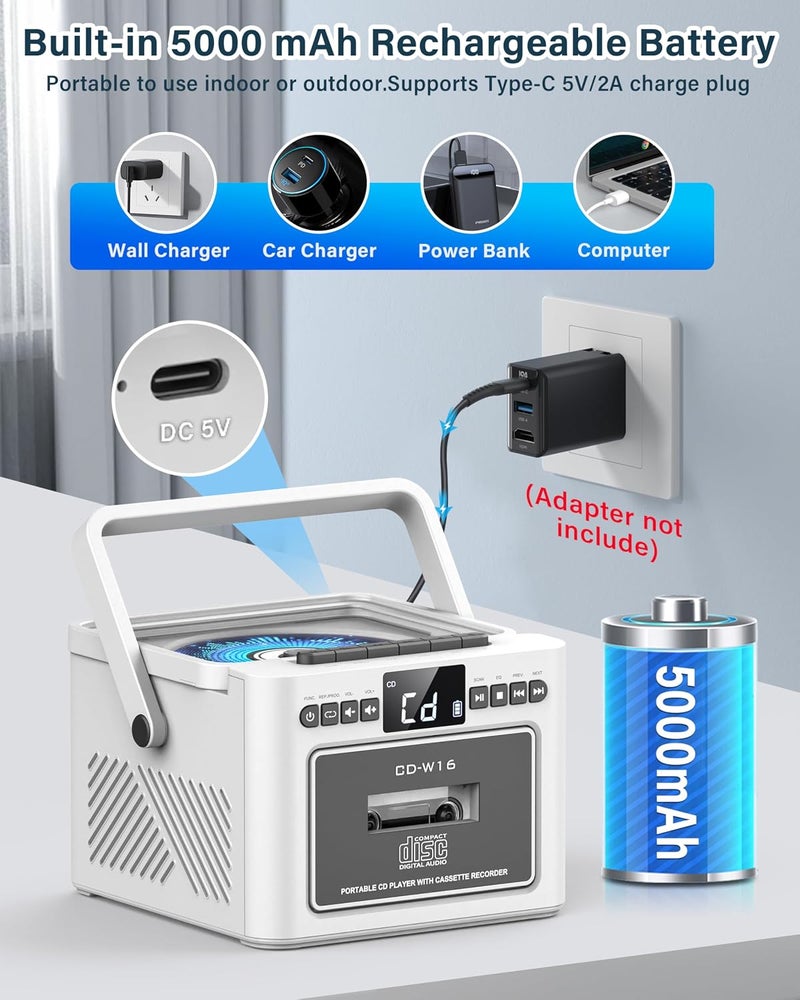 Sunoony Boombox Cassette CD Player Bluetooth5.1 with 5000mAh Battery,5W Dual Stereo Speakers,Rechargeable CD Player with FM Radio,Remote Control,Tape Recording,3.5mm Earphone Jack,AUX/Micro SD/USB-White - Image 2