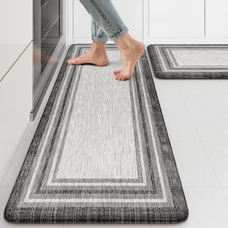 KIMODE Anti Fatigue Kitchen Mats for Floor 2PCS,17"x47"+17"x29" Farmhouse Kitchen Rugs Non Slip Rubber Backing,Waterproof Cushioned Standing Mat for Office,Laundry,Sink,Desk,Grey - Image 1