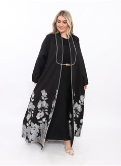 Abaya woven from burpee crepe with a pointed collar and embroidery underneath with a wrap