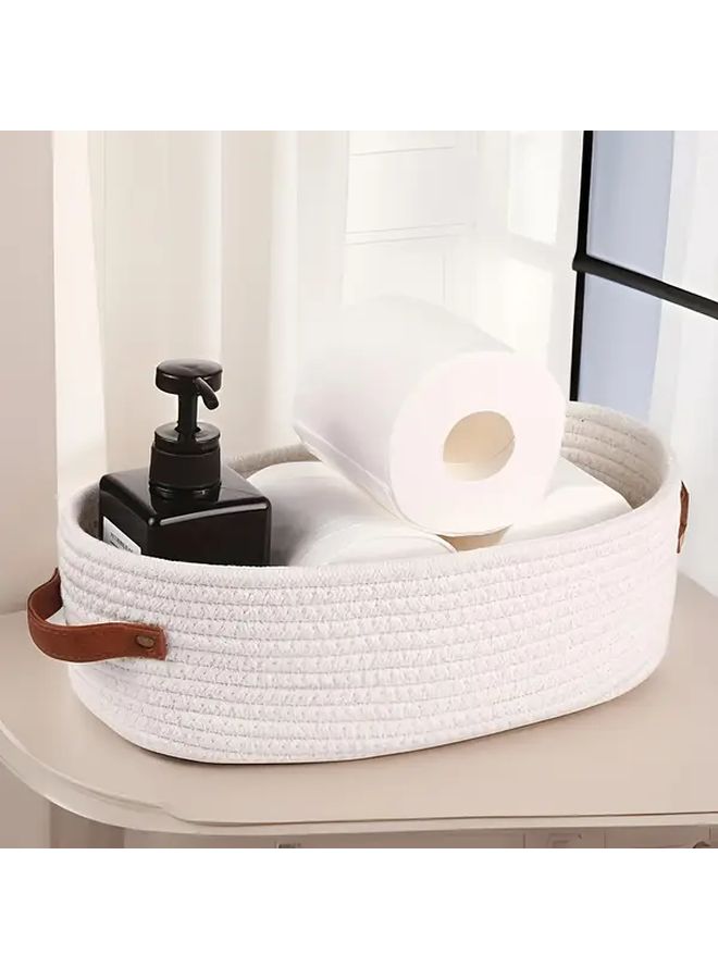 White Rattan Woven Storage Basket with Double Handles for Bathroom Desktop Organizer - Image 4