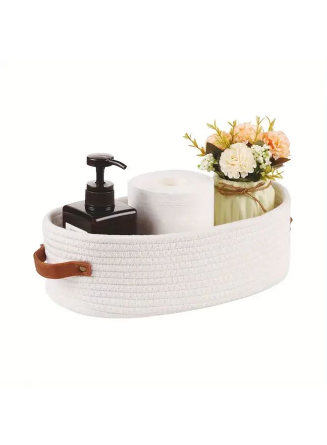 White Rattan Woven Storage Basket with Double Handles for Bathroom Desktop Organizer - Image 2