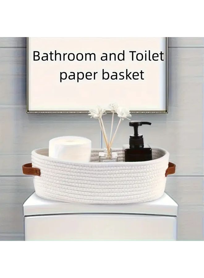 White Rattan Woven Storage Basket with Double Handles for Bathroom Desktop Organizer - Image 1
