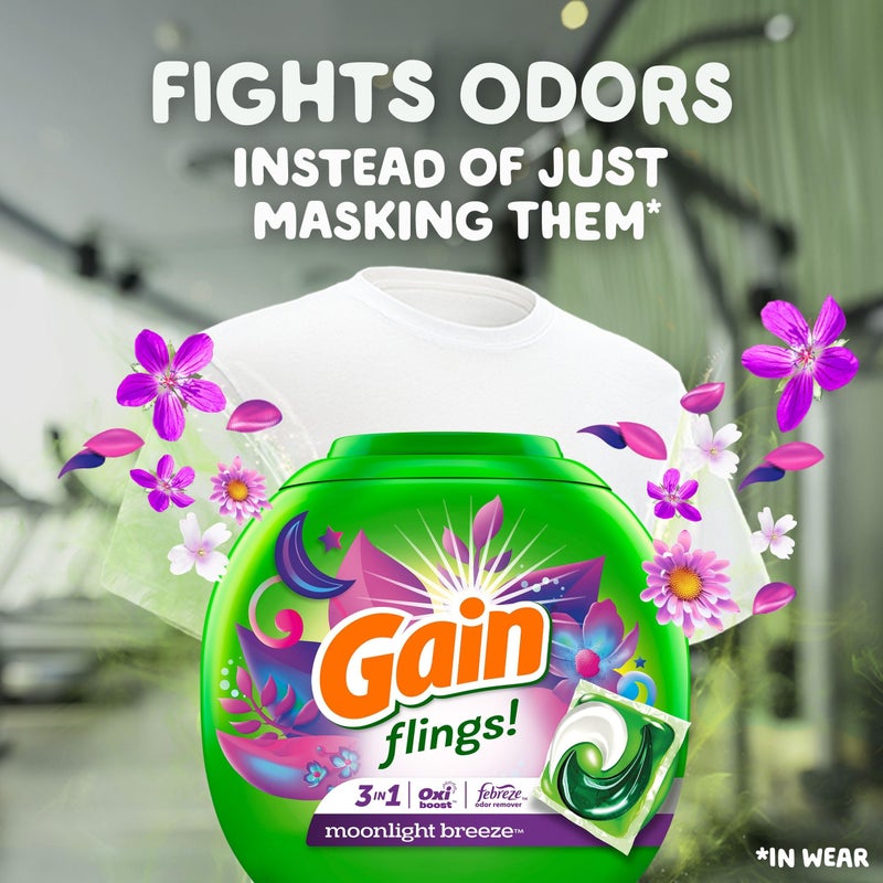 Gain Flings Laundry Detergent Pacs, 42 Count, Moonlight Breeze Scent, 3 in 1 HE Detergent Pacs with Oxi Boost and Febreeze - Image 4