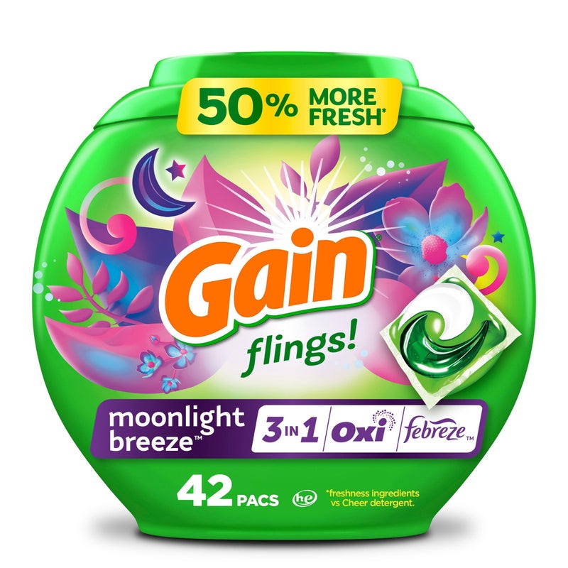 Gain Flings Laundry Detergent Pacs, 42 Count, Moonlight Breeze Scent, 3 in 1 HE Detergent Pacs with Oxi Boost and Febreeze - Image 1