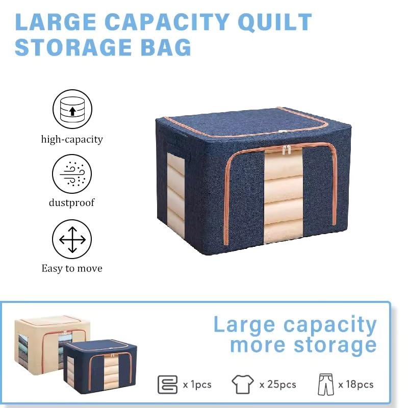 HAKKU 66 LTR Foldable Steel Frame Cloths Zip Organizer Bag and Oxford Fabric Storage Living Cover Boxes For Wardrobe Shelves Clothes, Sarees, Bed Sheet, Blanket (Blue, 66 Ltr - Pack of 2) - Image 3